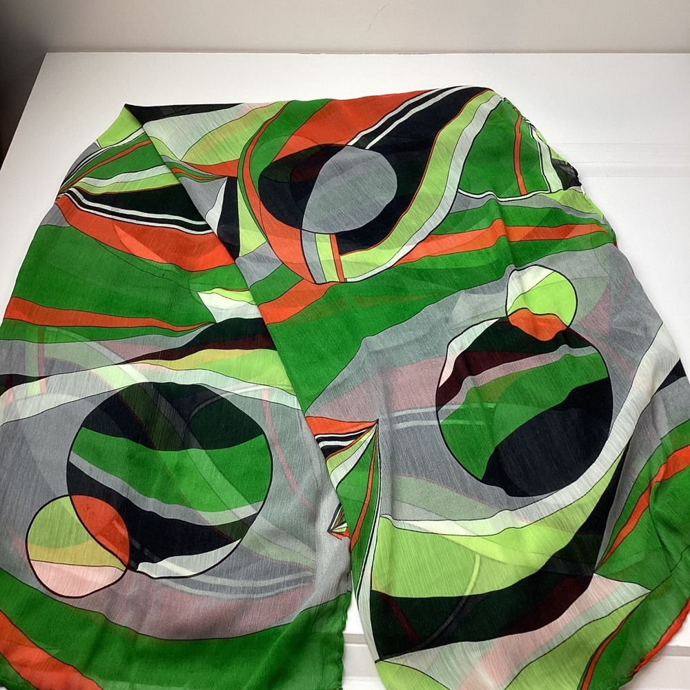 Vintage Abstract Geometric Sheer Scarf Green Orange Retro Mod Lightweight 70's